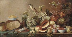 Melons, peaches, pears, grapes on the vine and other fruit