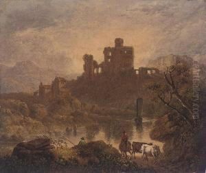 Figures By A River Before A Ruined Castle Figures By A River Before A Ruined Castle