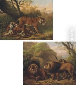 Tigers Beside A Tree; And Lions In A Rocky Landscape, Rapids Beyond by Charles Towne