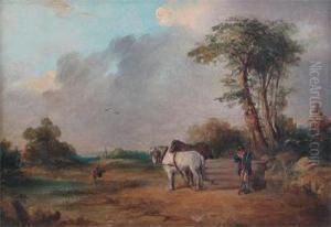 Pastoral Scene With A Woodman And His Horses Resting by Charles Towne