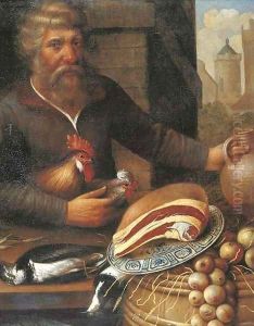 A peasant selling ham, onions and poultry at a market