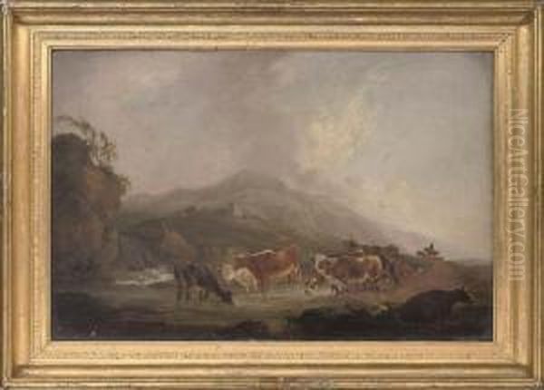 Cattle Watering In A Pool, With Ruins Beyond - view 1