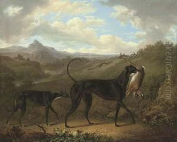 Two Greyhounds With A Hare, In
An Extensive Mountainous Landscape With Huntsmen Coursing Beyond - view 1