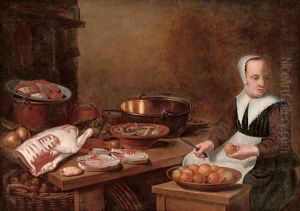 A kitchen interior with a maid seated preparing apples, with meat and fish on a wooden table by Floris Gerritsz. van Schooten