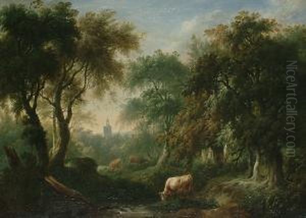 Cattle Watering In A Wooded Landscape, Before A Tower - view 1