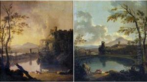 An Italianate Lake Landscape
With A Herdsman And Cattle In The Foreground; And A View Of Lake Nemi by Charles Towne