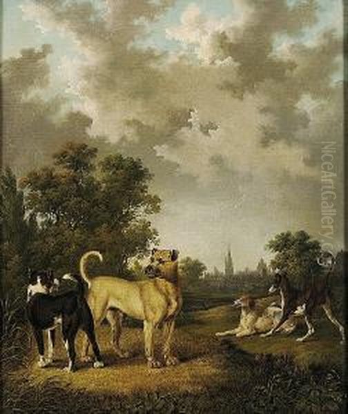 A Mastiff, A Greyhound And A Setter In A Landscape With A Town Beyond - view 1