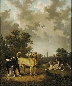 A Mastiff, A Greyhound And A Setter In A Landscape With A Town Beyond by Charles Towne