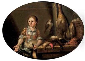A maid in a kitchen, seated by a table laden with dead game