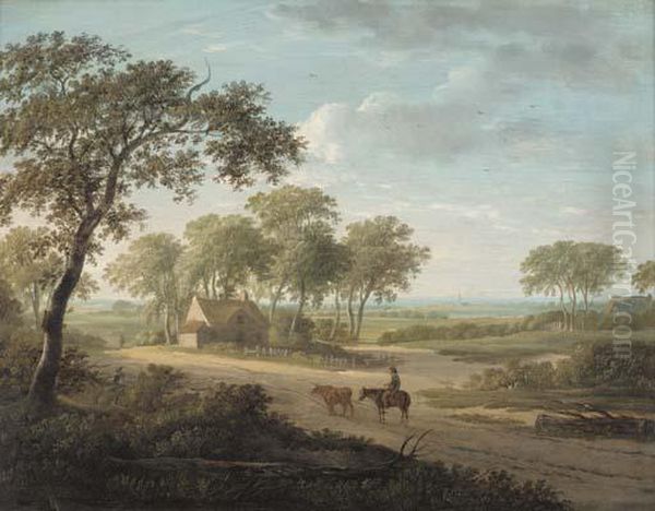 A Drover On A Path By A Cottage In An Extensive Landscape - view 1