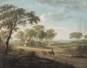 A Drover On A Path By A Cottage In An Extensive Landscape by Charles Towne