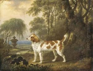 A Marlborough Spaniel In A Wooded Landscape, An Urn Beyond by Charles Towne