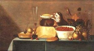 Cheeses, grapes, a bowl of strawberries