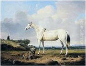 A Grey Hunter With Terrier In A Landscape