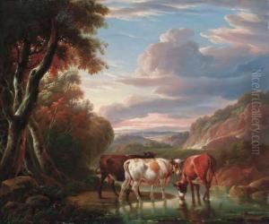 A Mountainous River Landscape With Cattle Watering By A Pool by Charles Towne