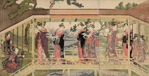 Ladies With Votive Offerings Crossing A Wooden Bridge Over Astream by Toyokuni