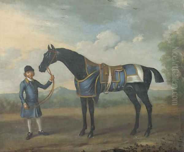 A black Bay race horse and a groom in a landscape at the Bolton races in 1734 - view 1