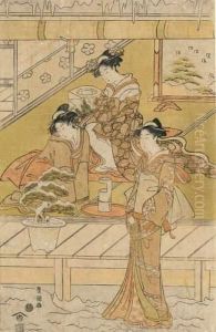 Trois Jeunes Femmes Assises Dans
 Un Pavillon Admirant Un Bonzai Dans Un Paysage De Neige.