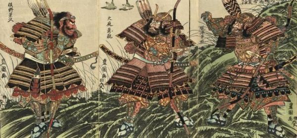 Triptych Showing A Scene Of The
Battle Of Ishibashiyama (king, Japanese Warrior Prints, No. 92),
Published Yamamotoya Heikichi, Circa 1810-1814; One Triptych By Toyokuni
I; And Four Single Prints Of Warriors By Toyokuni (ii), Good
Impression, Colo - view 1