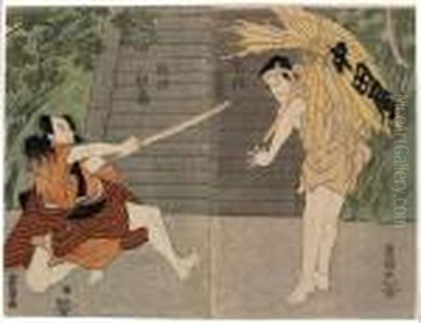 Zwei 
Oban
, Diptychon. Szene Aus Einem Theaterstuck. Vor Einer Treppe Steht 
Ichikawa Ichizo I Mit Einem Zerrissenen Schirm, Auf Dem Der Name 
Nakataya Geschrieben Steht. Ogino Isaburo Ii Greift Ihn Aus Gehockter 
Position Mit Einem Schwert An. Bez. - view 1
