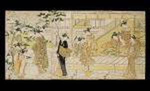 A Triptych From An Untitled 
Series Depicting Beauties Trimming Potted Bonsai Trees On An Engawa In 
Snowscape, Parodying The Noh Play ````hachi No Ki', Censor's Seal 
Kiwame, Publisher's Mark Of Nishimuraya Yohachi, Signed Toyokuni Ga.
