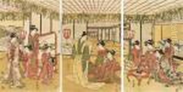 A Young Samurai Surrounded By A
Group Of Admiring Women, Signed Toyokuni Ga , Censor's Seal Kiwame - view 1
