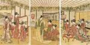 A Young Samurai Surrounded By A 
Group Of Admiring Women, Signed Toyokuni Ga , Censor's Seal Kiwame by Toyokuni