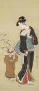 Beauty And Attendant With Cherry Blossoms by Toyokuni