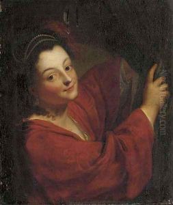 A young lady at a curtain by Jean-Baptiste Santerre