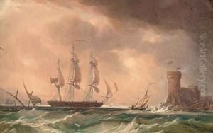 An English frigate arriving off a fortified Mediterranean port by John Christian Schetky