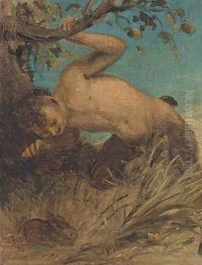 A satyr looking at a rabbit by Joseph Arthur Palliser Severn