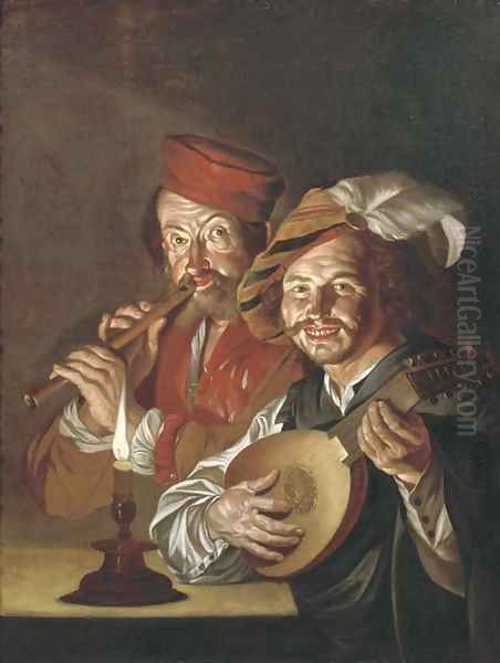 A lute player and a flute player making music by candlelight - view 1