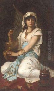 A young girl playing a harp