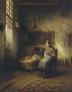 A mother and sleeping baby in a cot by Jac Shoeck