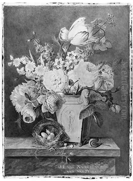 A Pot with Flowers, a bird's nest and a snail on a marble plinth - view 1