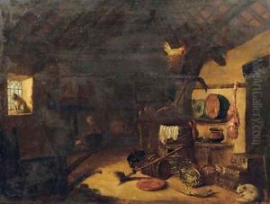 A barn interior with pots, pans and vegetables, a woman by a stove beyond by Cornelis Saftleven