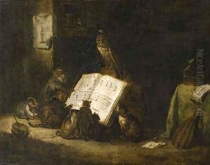 Cats singing from a music score with a monkey and an owl seated nearby, in an interior