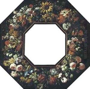 A floral cartouche with sunflowers