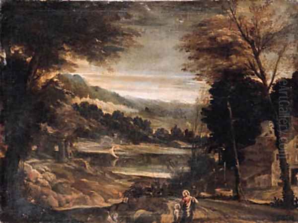 A wooded landscape with the Return from Egypt, a sailing boat on a lake beyond - view 1