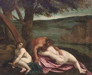 Two nymphs with a satyr on a river bank by Ippolito Scarsella (see Scarsellino)