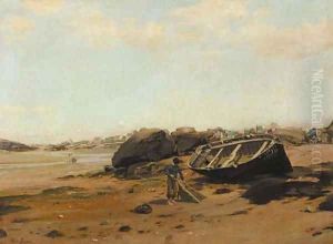 A French coastal scene with fishermen on the beach by Henri Louis Saintin