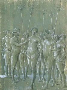 Five nude soldiers holding poles, two wearing a helmet, and three nude women by Netherlandish School