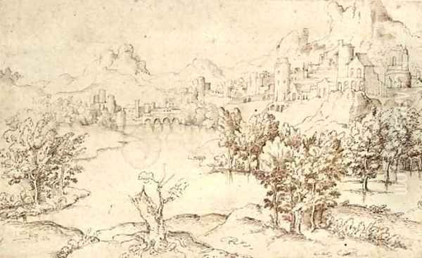 A mountainous landscape with a lake in the foreground, a town seen beyond - view 1