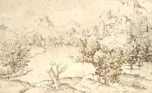 A mountainous landscape with a lake in the foreground, a town seen beyond by Netherlandish School