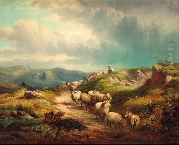 Sheep on a mountain track - view 1