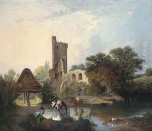 Horses watering before a castle ruin