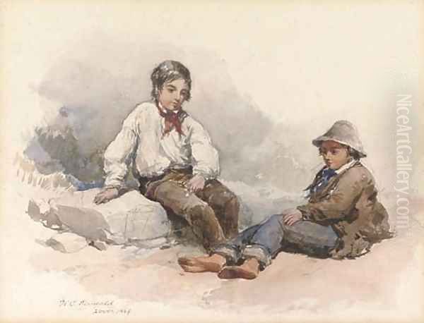 Two young fisherboys resting on the beach - view 1