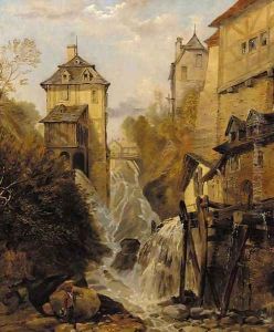 A waterfall through an Alpine town by George Clarkson Stanfield
