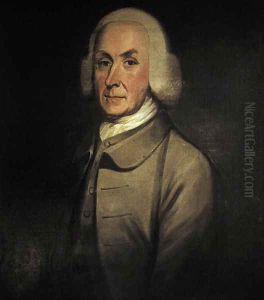Portrait of a nobleman, half length, wearing a light grey costume, lace chemise and wig by Gilbert Stuart