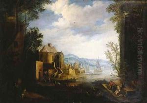 Merchants and townsfolk on a quay in a Mediterranean harbour by Matthys Schoevaerdts
